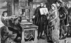 William Caxton showing specimens of his printing to King Edward IV and his Queen.