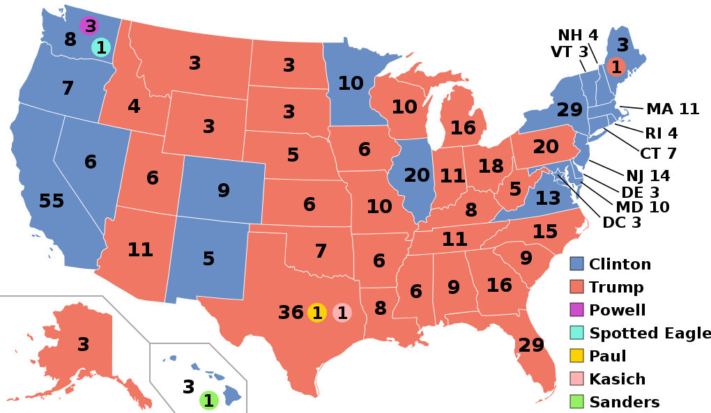 This state-by-state winner-take-all map accurately reflects Electoral College votes (including “faithless electors,” which could be a separate article) but appears to visually overstate support for a president whose overall Gallup approval rating has never topped 47 percent