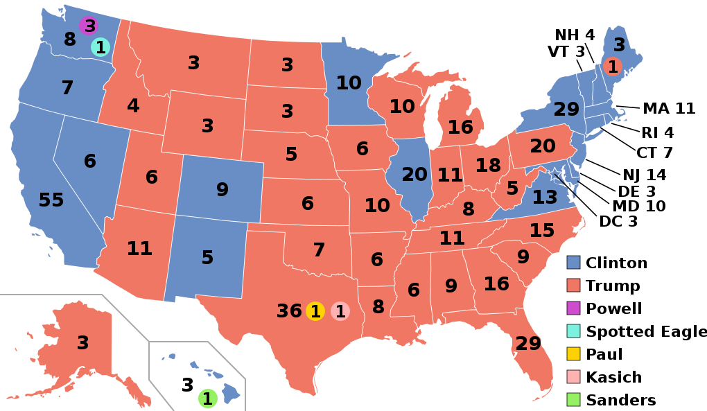 This state-by-state winner-take-all map accurately reflects Electoral College votes (including “faithless electors,” which could be a separate article) but appears to visually overstate support for a president whose overall Gallup approval rating has never topped 46 percent