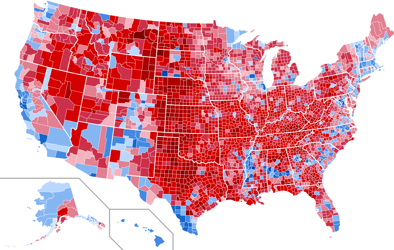 County-level votes shaded by winning percentage presents a more nuanced picture than the Electoral College.