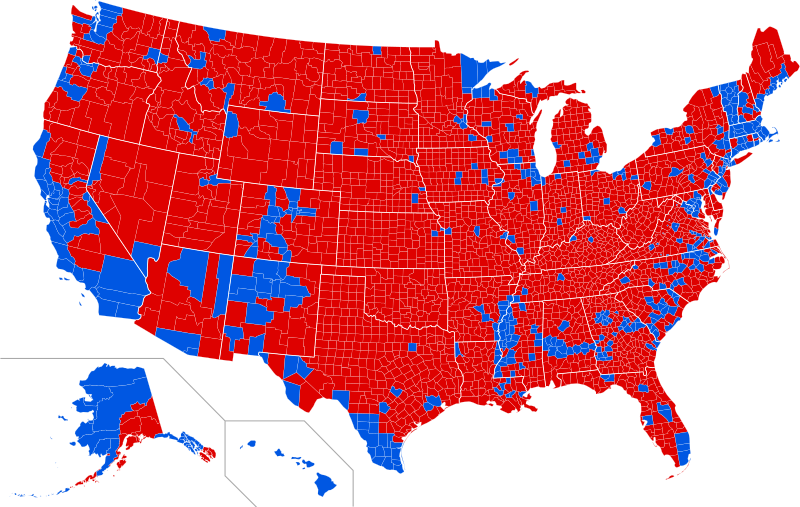 A county-level winner-take-all map visually overstates presidential support more than the Electoral College map.
