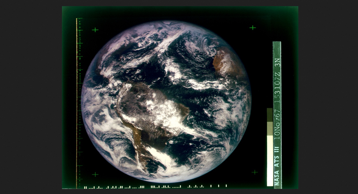 The first full-disk, color photograph of earth from space provided a perspective that transformed humanity’s understanding of our place in the cosmos and our relationship with the planet. NASA’s ATS-3 weather satellite transmitted the image from geostationary orbit, an altitude of about 22,236 miles, on November 10, 1967, a year before Apollo 8 ventured to the moon.