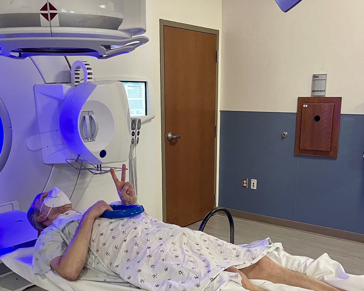 Here I am aligned on the table ready for a session of radiation to kill prostate cancer.