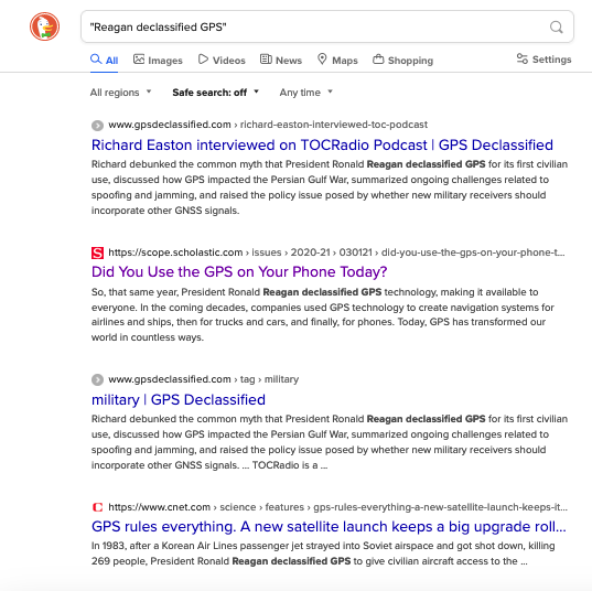 A DuckDuckGo search displays a link to information debunking the Reagn GPS declassification myth
