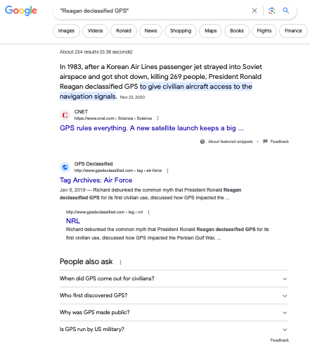 An August 6, 2023, Google search returned the top result as a link to misinformation that perpetuates the myth that Ronald Reagan declassified GPS.
